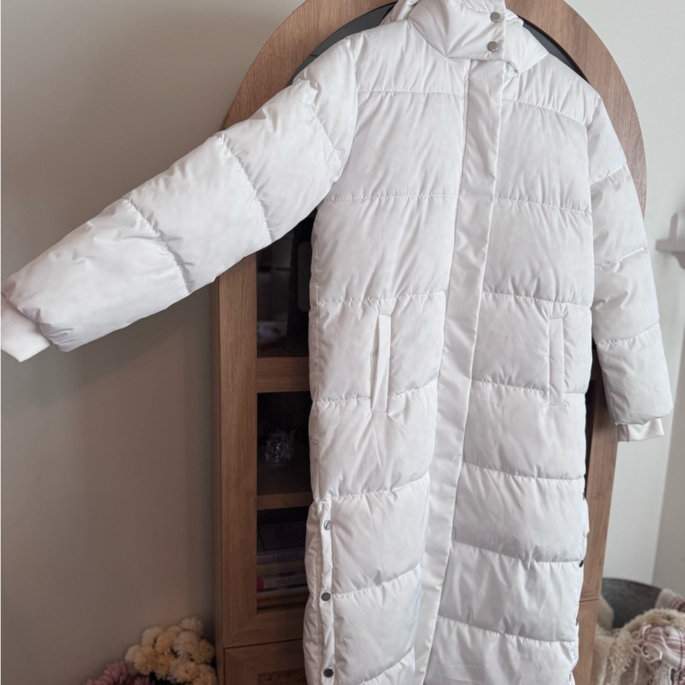 White Long Puffer Coat Snap Side Slits High Neck Winter Jacket Size S